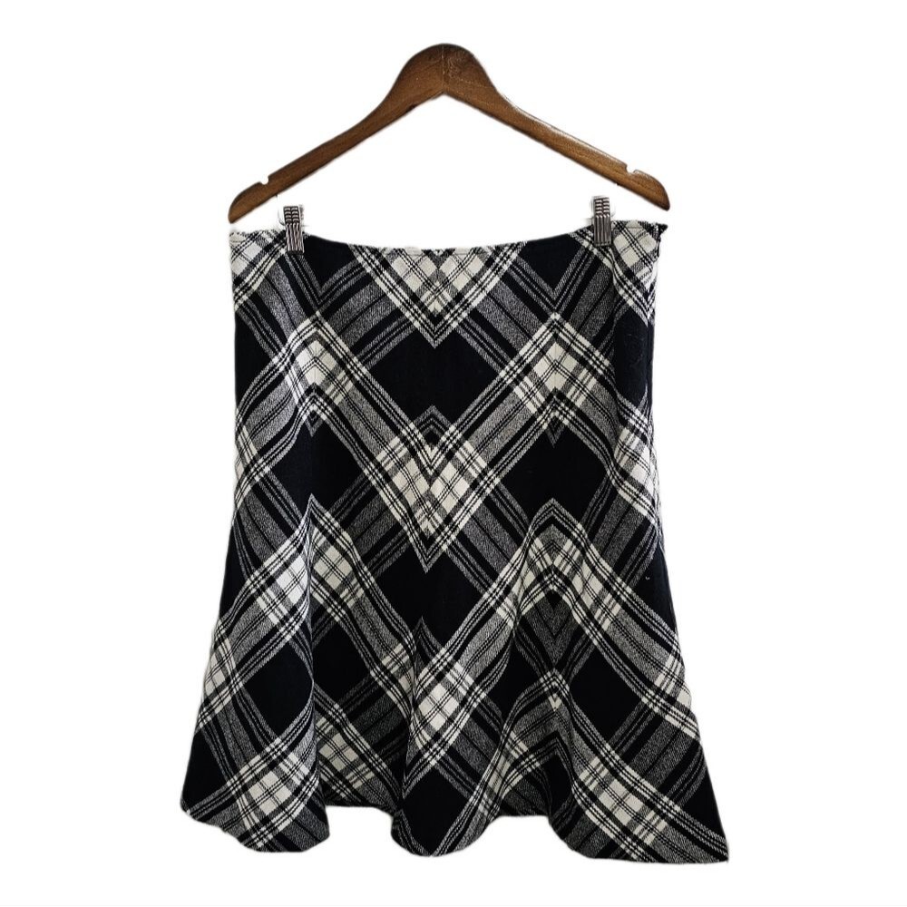 Loft wool blend tartan black and white midi lined a-line skirt size 14